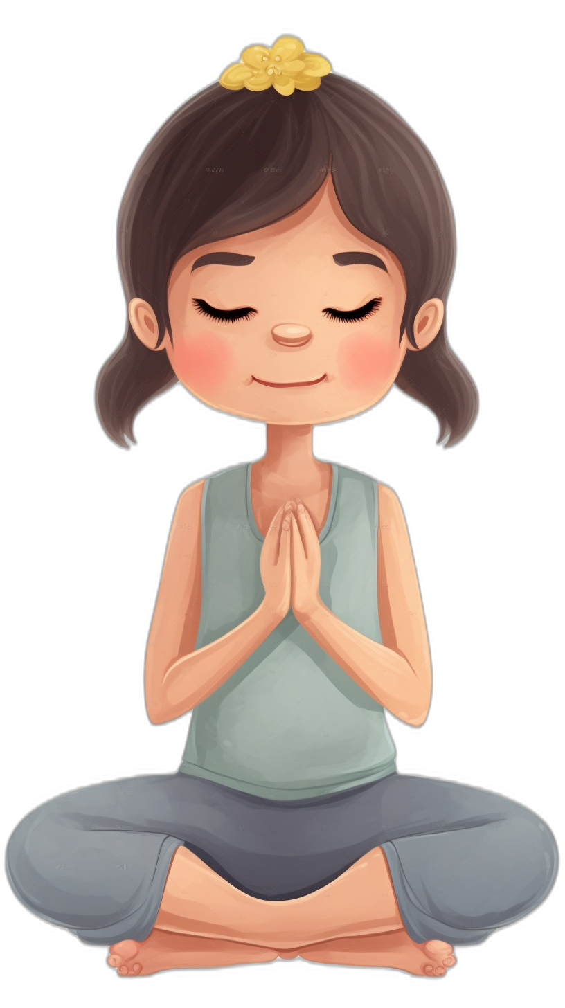 A cute little girl is doing yoga in a cartoon style with a black background. She has dark brown hair and her eyes are closed while she meditates in the lotus position wearing a light blue tank top and grey leggings. Her hands are placed together at chest level, palms facing each other and fingers crossed into a praying hand pose. The yellow headband on her forehead highlights the focus of meditation. It’s a simple yet powerful depiction that captures attention.