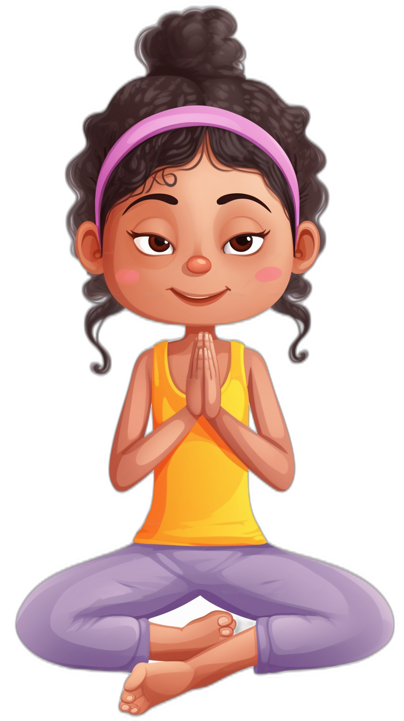 A cute little girl doing yoga in the style of a cartoon with a black background and purple pants. She has a dark skin tone, wearing an orange tank top and pink headband. Her hands are in a prayer pose with her fingers together, looking at the camera smiling. The scene is bright and cheerful, highlighting her serene expression as she meditates on one leg while sitting down. A cartoon illustration with vector graphics. An isolated black background. A vector character design. A cute Indian woman doing legs up to her knees in a position for making a classical hand gesture mudra.