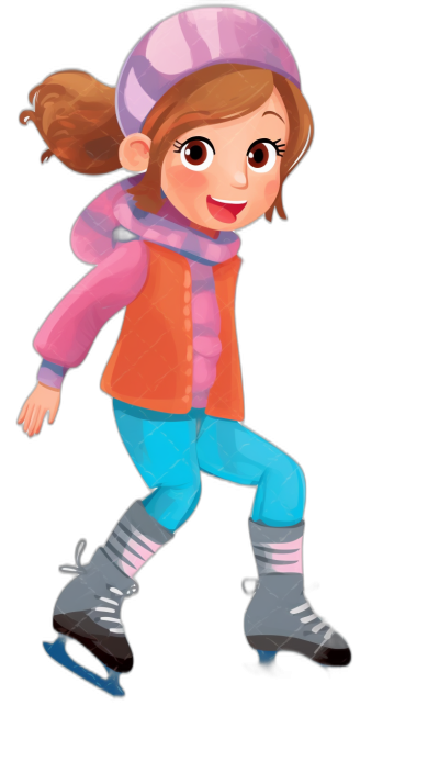 A cute girl is skating, wearing ice skates and a hat on her head, in the style of a cartoon, with colorful , on a simple black background, as a flat illustration, shown as a full body portrait, with a happy expression, like the illustrations in children's books, looking cute and dreamy, wearing colorful  and boots under her feet, in the style of a cartoon character design, at a high definition resolution.