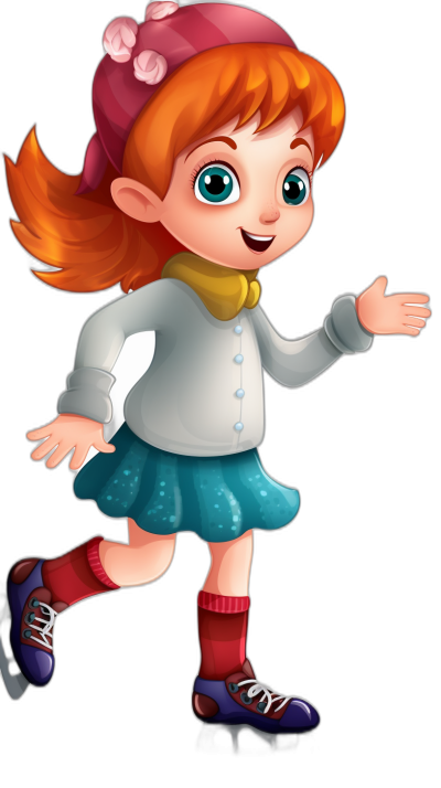 A cute little girl with red hair, wearing a white shirt and blue skirt. She is smiling while walking on ice skates wearing maroon shoes and socks. She has a pink hat, big eyes, and is drawn in a cartoon style with a simple full body design against a black background in the style of Pixar art.