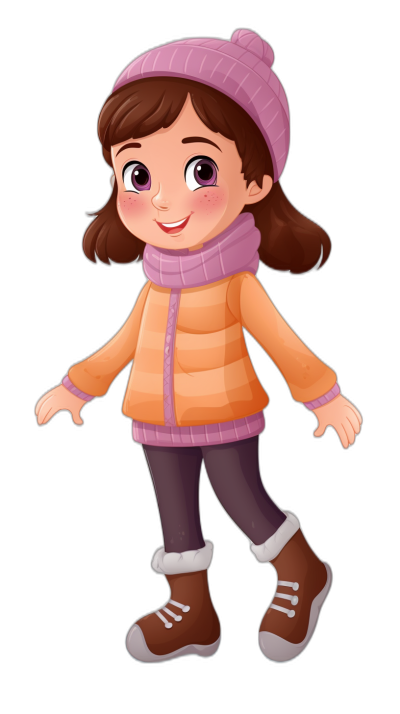 A cute little girl wearing winter  in the style of a cartoon with simple colors and a black background. She is smiling while walking forward in an upright posture. The  has warm tones of an orange, pink, and purple color scheme, and she wears shoes on her feet. Full body portrait. Flat illustration, vector graphic, flat design, high resolution, high detail, high quality image. Cartoon style, full body shot.