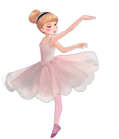 A young blonde ballerina in pink ballet shoes and a white tutu dress, with her hair up, is dancing on a black background in the style of a cartoon.