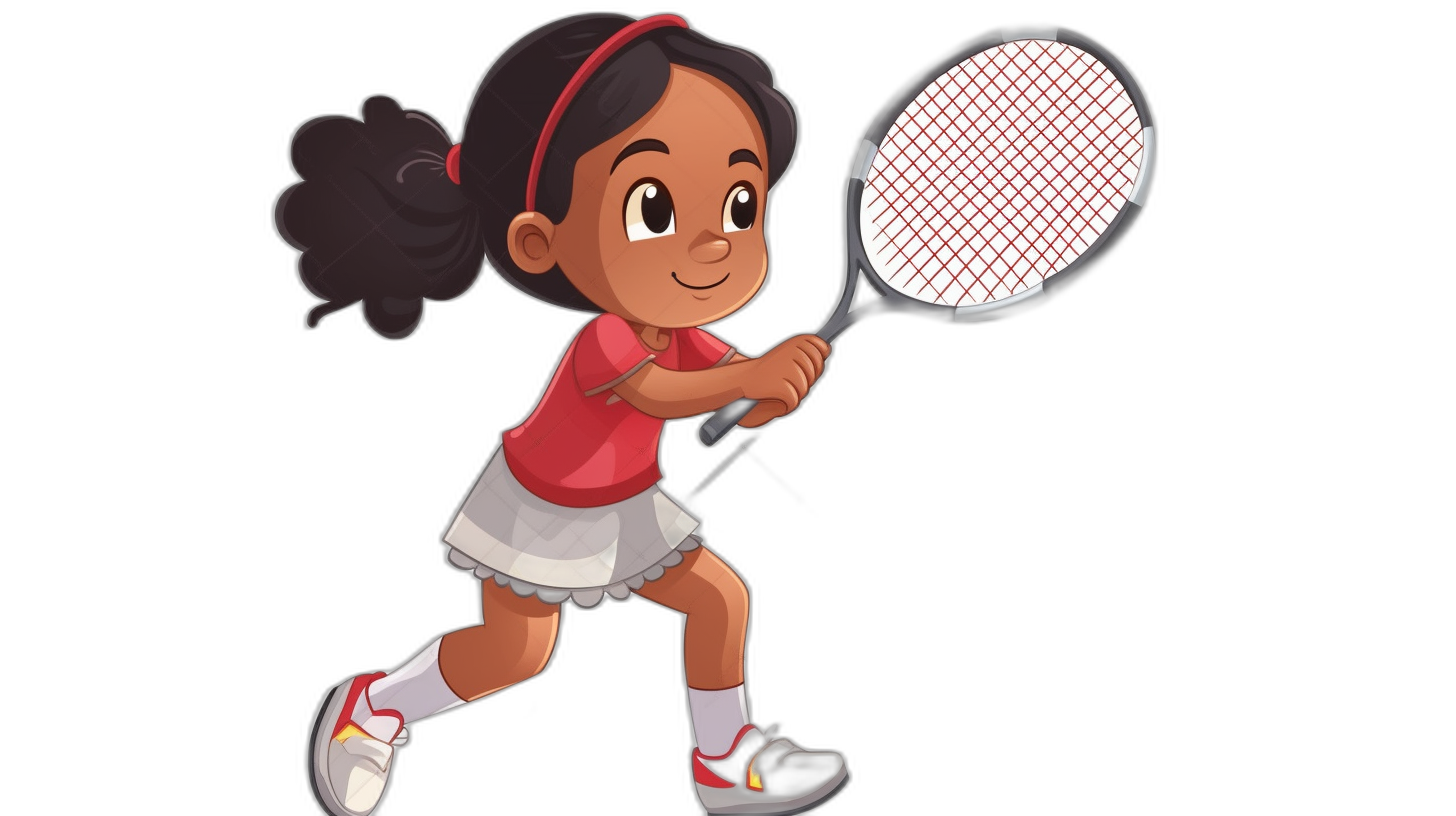 A young girl playing badminton, full body shot with a black background, in a simple flat vector illustration style, of a cartoon character, a cute and adorable little Indian kid in a red t-shirt and white skirt holding a racket and jumping up happily. She has curly hair tied into a ponytail. A red headband on her forehead. White socks. Black shoes. In the style of Pixar Disney.