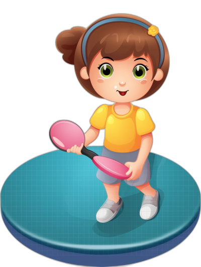 A little girl playing table tennis, holding the ball and pink racket in her hands with one foot on top of an oval blue mat, in the style of cartoon, simple flat illustration, black background, cute character design, in the style of cartoon animation, colorful, 2D vector art, 300 dpi resolution, high quality, high detail, professional color grading.