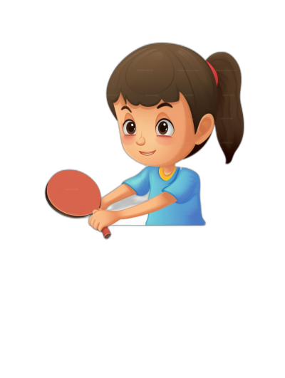 A cute girl playing table tennis in a simple flat style illustration with a black background and cartoon character design with bright colors. She is wearing blue and holding the racket in her hand. The scene shows an action of serving with dark gray color on top of it. Her eyes have clear eyelashes and big brown pupils, giving off happy vibes in perspective at 32k ultra high definition resolution.