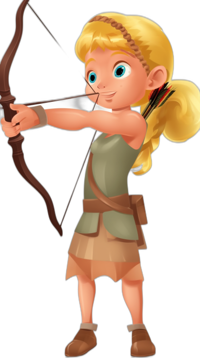 Disney Pixar cartoon blonde girl character, archer holding a bow and arrow, simple background, full body shot, black outline for cut out animation in the style of cut out animation.