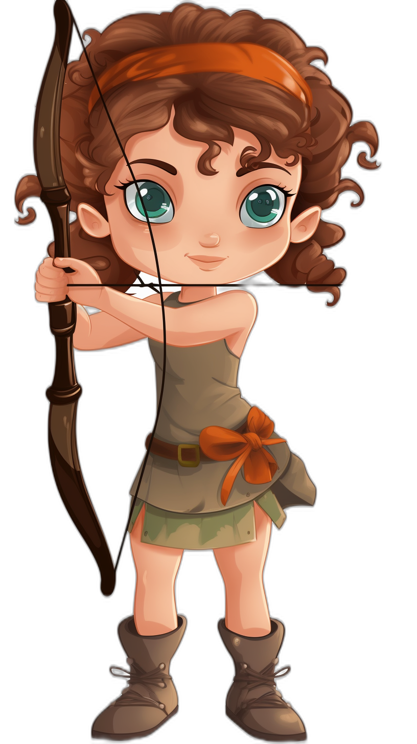 a cute chibi cartoon character of greek goddess Artemis, the huntress with curly brown hair and green eyes wearing short tunic holding bow and arrow ready to shoot on black background, full body, ch zdjęć冲突，erokee cultural motifs, high resolution, high quality, high detail, high contrast