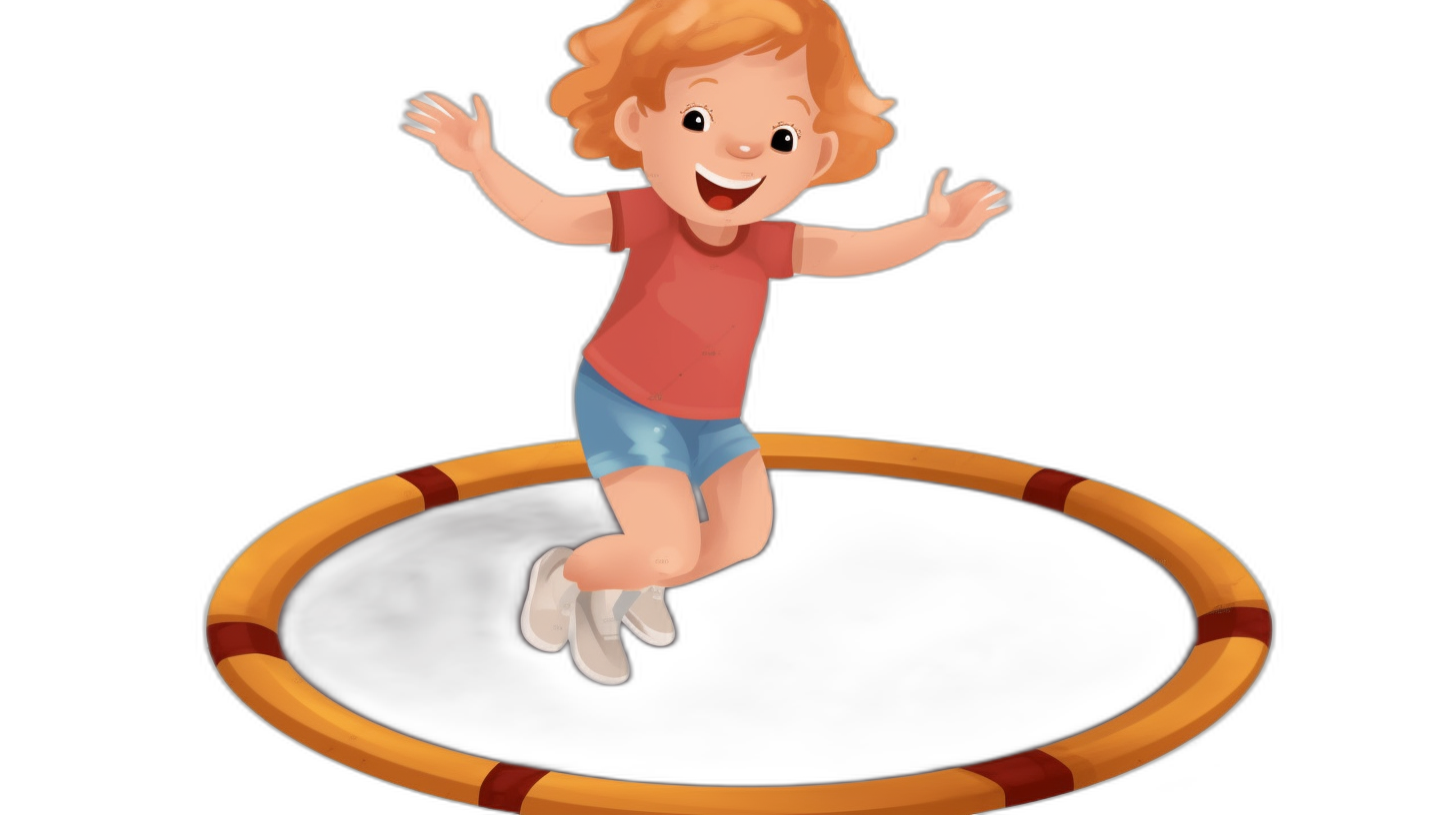 A cartoon child is jumping on the trampoline against a black background with a simple, flat style and simple lines in high resolution with high details, cartoon character design. The illustration of the character should be a little more exaggerated. The child has an orange red shirt and blue shorts, with short blonde hair and a smiling face, in the style of a cartoon.