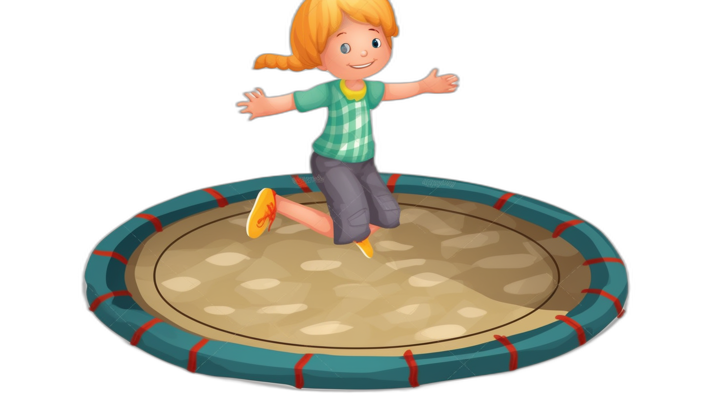 A girl is jumping on the trampoline in the style of a cartoon vector illustration with a black background. The little blonde haired girl has her hair tied in pigtails and wears blue shorts and a green shirt. She jumps happily while playing on an inflatable round bed of sand inside a park or playground. Vector Illustration with a Black Background.