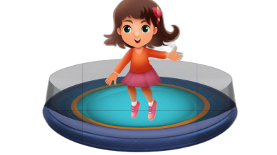 A little girl is jumping on the trampoline, wearing pink shoes and an orange shirt with brown hair. The entire scene has been designed in the style of Pixar, featuring a simple yet cute cartoon character with a black background. It's a 3D rendering of Dora in the style of Captain"Jibratek", rendered using C4d.