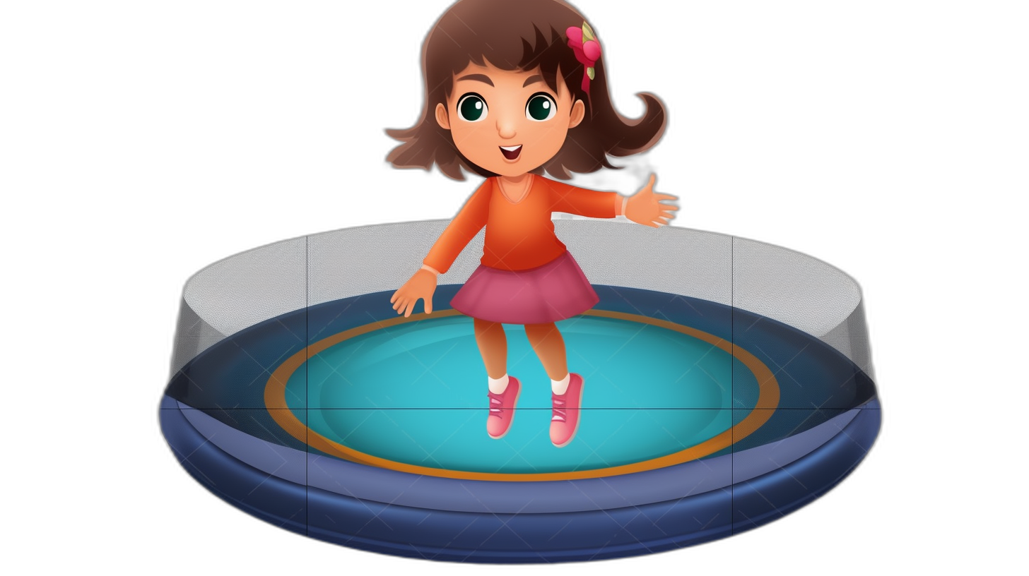 A little girl is jumping on the trampoline, wearing pink shoes and an orange shirt with brown hair. The entire scene has been designed in the style of Pixar, featuring a simple yet cute cartoon character with a black background. It’s a 3D rendering of Dora in the style of Captain”Jibratek”, rendered using C4d.