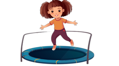 A cartoon girl is jumping on the trampoline in a simple, flat style illustration against a black background. The 2D design uses simple details, lines and shapes with high resolution and detail for the best quality. The image has high contrast with a solid color background and simple composition. It is a high definition image with high quality.