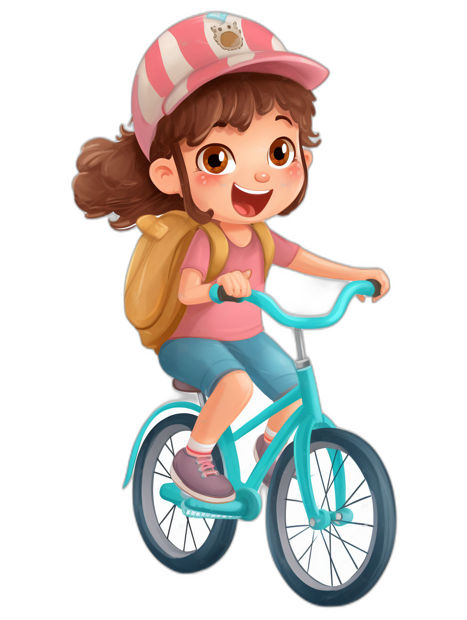 A cute girl riding a bicycle in a cartoon style with a pink and blue color scheme against a black background. The character design is for kids with a full body shot showing her happy facial expression. She is wearing a cap with white stripes and carrying a bagpack behind her back. The image is high quality and high resolution.