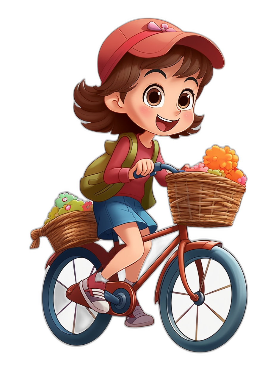 A cute little girl is riding her bicycle with the basket full of food, wearing a red cap and blue skirt in the cartoon style, on a black background, in the Disney Pixar animation style, with a cute character design, concept art in the style of [Artgerm](https://goo.gl/search?artist%20Artgerm), with a vertical composition, high resolution, high details, high contrast, bright colors, sharp focus, no blur, no shading, no shadows, no gradients, best quality.