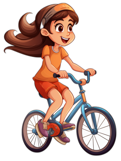 A girl riding her bike cartoon vector illustration on a black background, cute and adorable. The character is smiling with brown hair in pigtails wearing an orange t-shirt, red shorts, purple shoes and a helmet while sitting on a blue bicycle. A full body shot with legs visible.