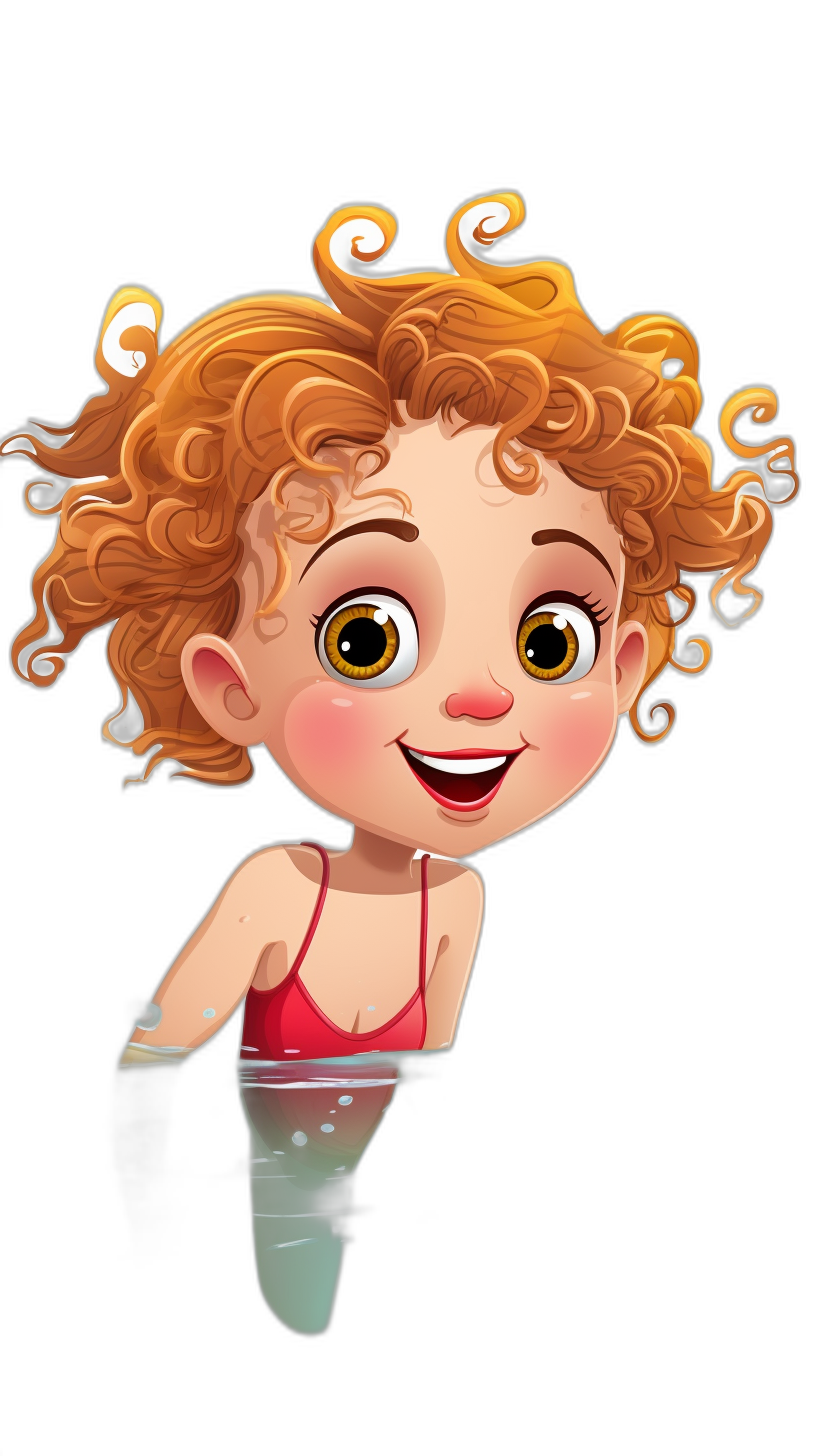 Cute cartoon girl with curly red hair and big eyes smiling in the water against a black background, in the style of Pixar.