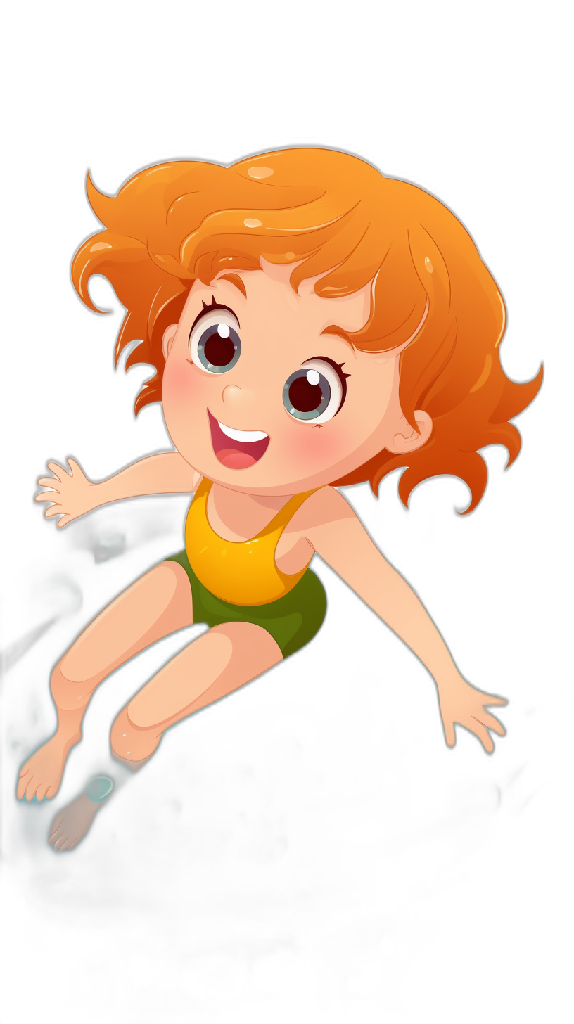 A cute shorthaired girl in swimming trunks is flying, with a happy expression and big eyes, smiling happily. She has orange hair and a dark black background. The cartoon style of the character illustration features the style of Disney Pixar animation, minimally editing the original text.