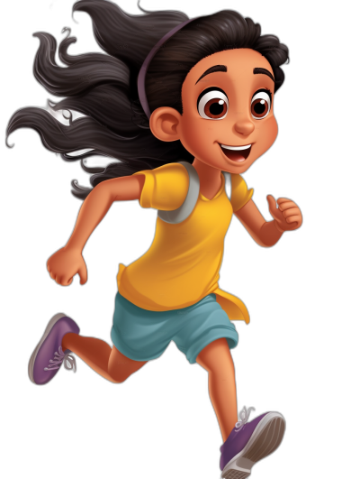 A happy and smiling young girl with dark brown skin is running. She is wearing blue shorts and a yellow t-shirt. She has long black hair in pigtails and purple shoes. It is a Pixar style character illustration clipart on a black background.