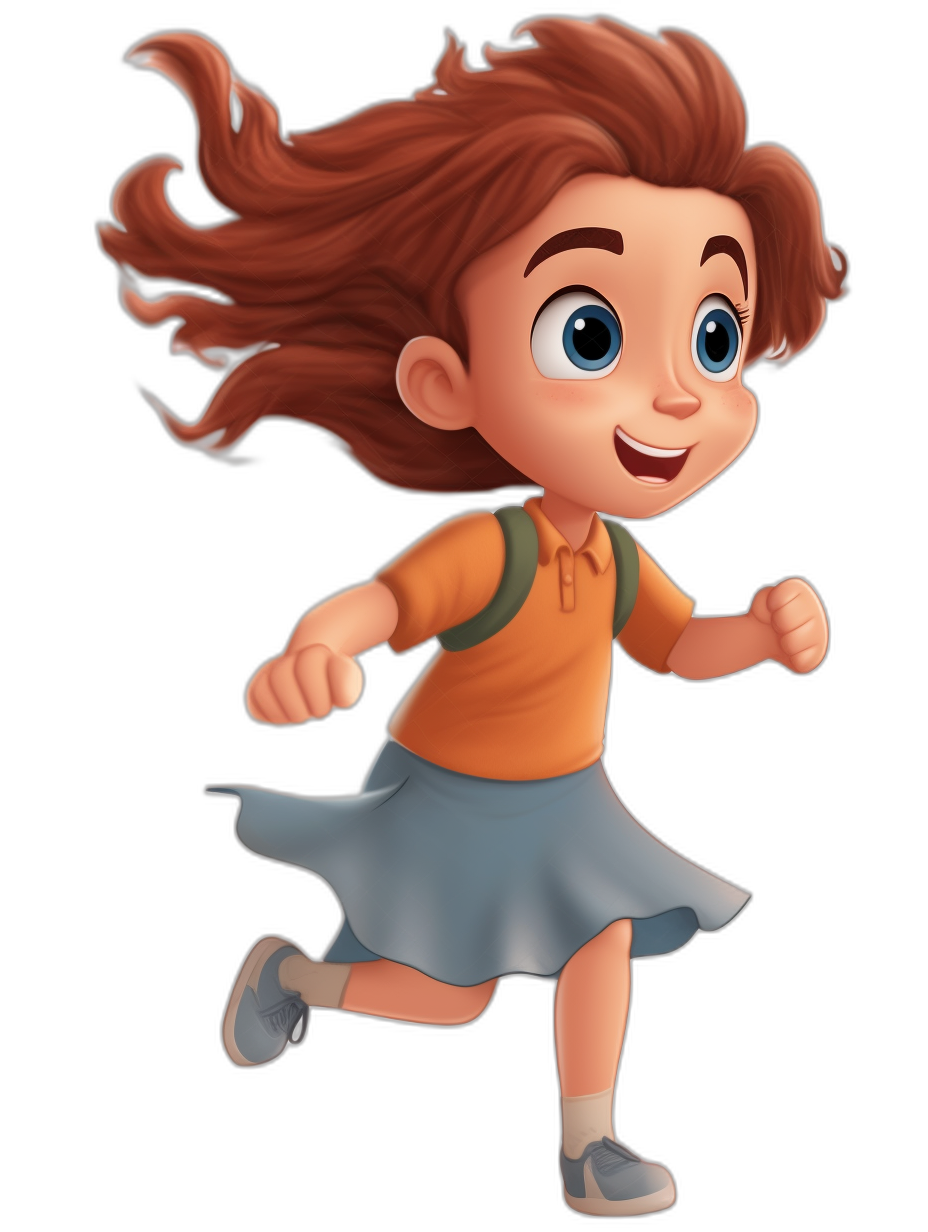 A cute girl is running, wearing an orange shirt and blue skirt with brown hair in the style of Pixar Animation Studios. She has big eyes and is smiling happily as she runs against a black background. The illustration should have vibrant colors, detailed textures on the , character design with cartoonish features, and be rendered at a high resolution for quality.