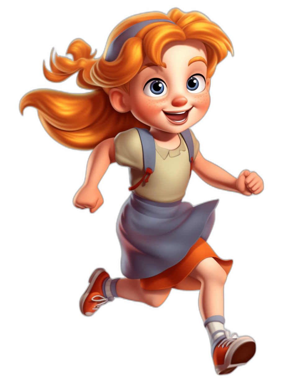 A cute girl with red hair and blue eyes, running fast in the style of Pixar cartoon characters. She is wearing an apron skirt, white shirt, and orange shoes. A full body shot of her cartoon character design on a black background. The art has a 2D game art style similar to Disney animation. A high resolution, highly detailed 3D rendering of her in the children’s book illustration style of someone who is 40 years old.