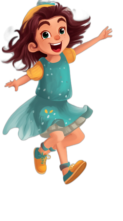 A cute girl wearing a blue dress and yellow shoes is jumping, with a smiling face, brown hair, on a black background, in the style of a Pixar cartoon character.