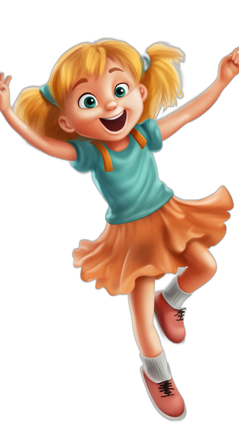 A full body cartoon of a happy, smiling girl with blonde hair in pigtails and blue eyes wearing an orange skirt and pink shoes jumping for joy on a black background. The style is reminiscent of Pixar with an emphasis on expressing emotion through exaggerated poses and animation-inspired designs.