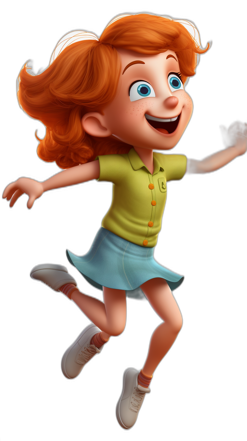 Disney Pixar cartoon style, a young girl with red hair and blue eyes wearing a skirt playing tag jumping, full body, on a black background, in a 3D animation character design in the style of Disney movie posters, with a cute adorable face features, a happy smiling expression, bright colors, a green shirt yellow shoes and white socks, Disney Pixar cartoon illustration, full color, high resolution, high detail, high quality