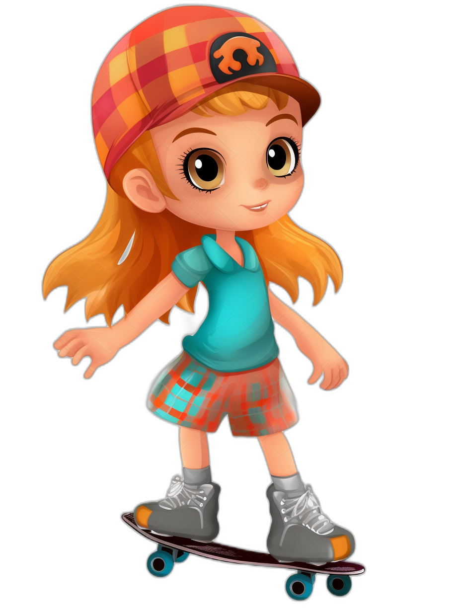 A cute girl with a cap and skirt is skateboarding in the style of Disney Pixar character design. She has a black background and is a 3D rendering. She has a cute face, big eyes, and a cute hat. She has orange hair and is shown in a full body shot. She wears simple  including a plaid shirt and sneakers on her feet. She has short legs and a happy expression. Bright colors make her look colorful and full of vitality. She is rendered with super detailed artwork.