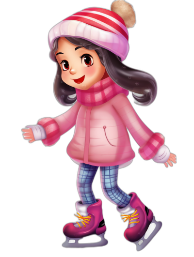 A cute girl in a pink coat, wearing a hat and scarf on ice skates, in the style of Pixar art, cartoon illustration style on a black background, 2d3D rendering style.