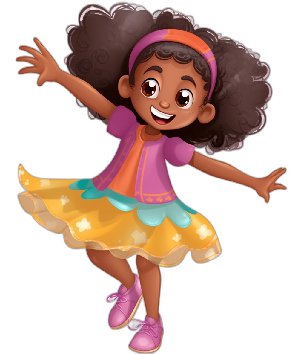 A cartoon illustration of an adorable young girl with dark brown skin, big eyes and curly hair in pigtails wearing shoes. She is smiling while dancing. The background color should be black to make the character stand out. Her outfit includes colorful  such as a purple top and yellow skirt. The illustration should be in the style of Pixar cartoons.