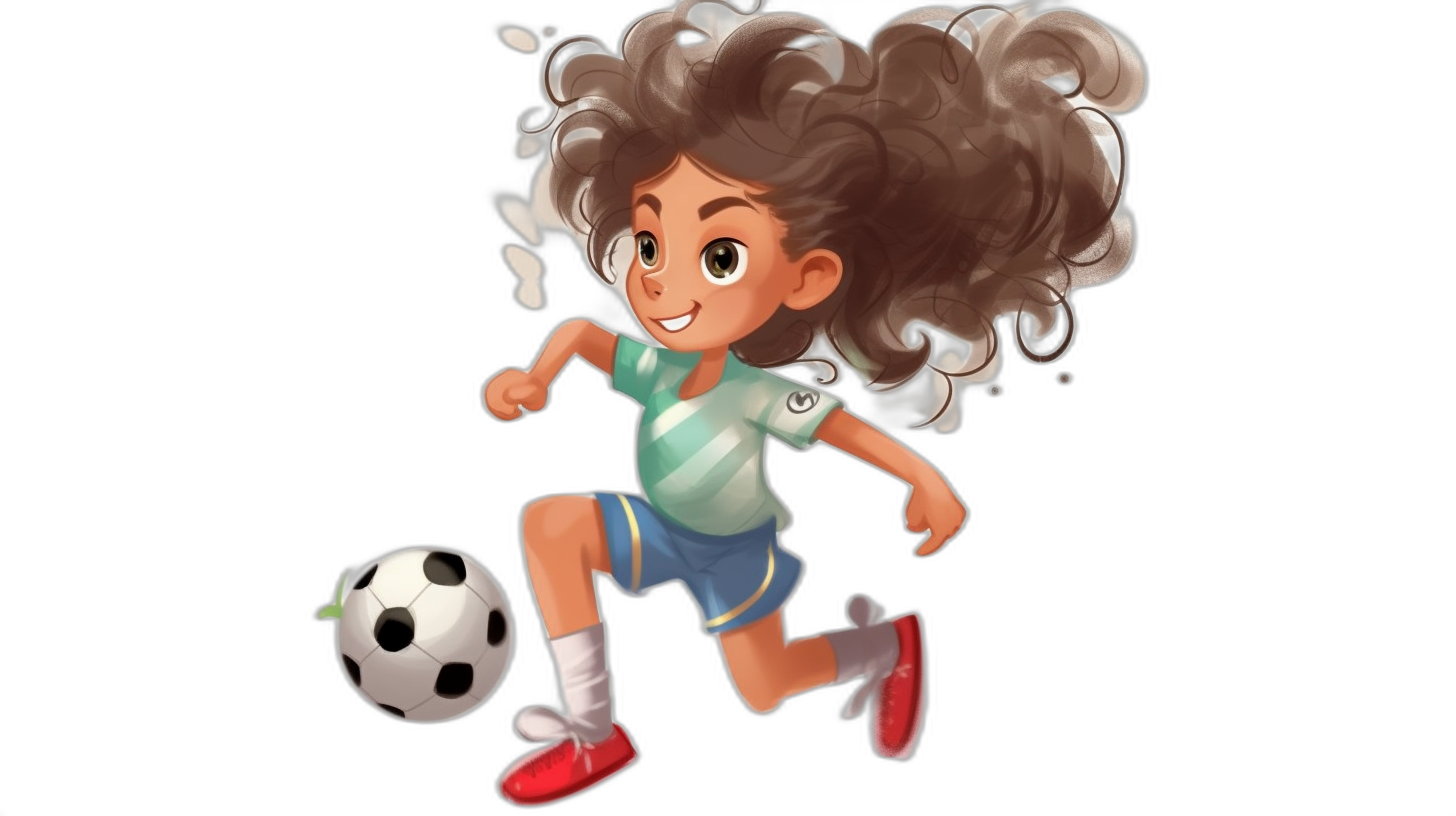 A cute girl with long curly brown hair playing soccer in the style of cartoon style, full body, black background, digital art in the style of Disney Pixar studio, 2d game illustration character design