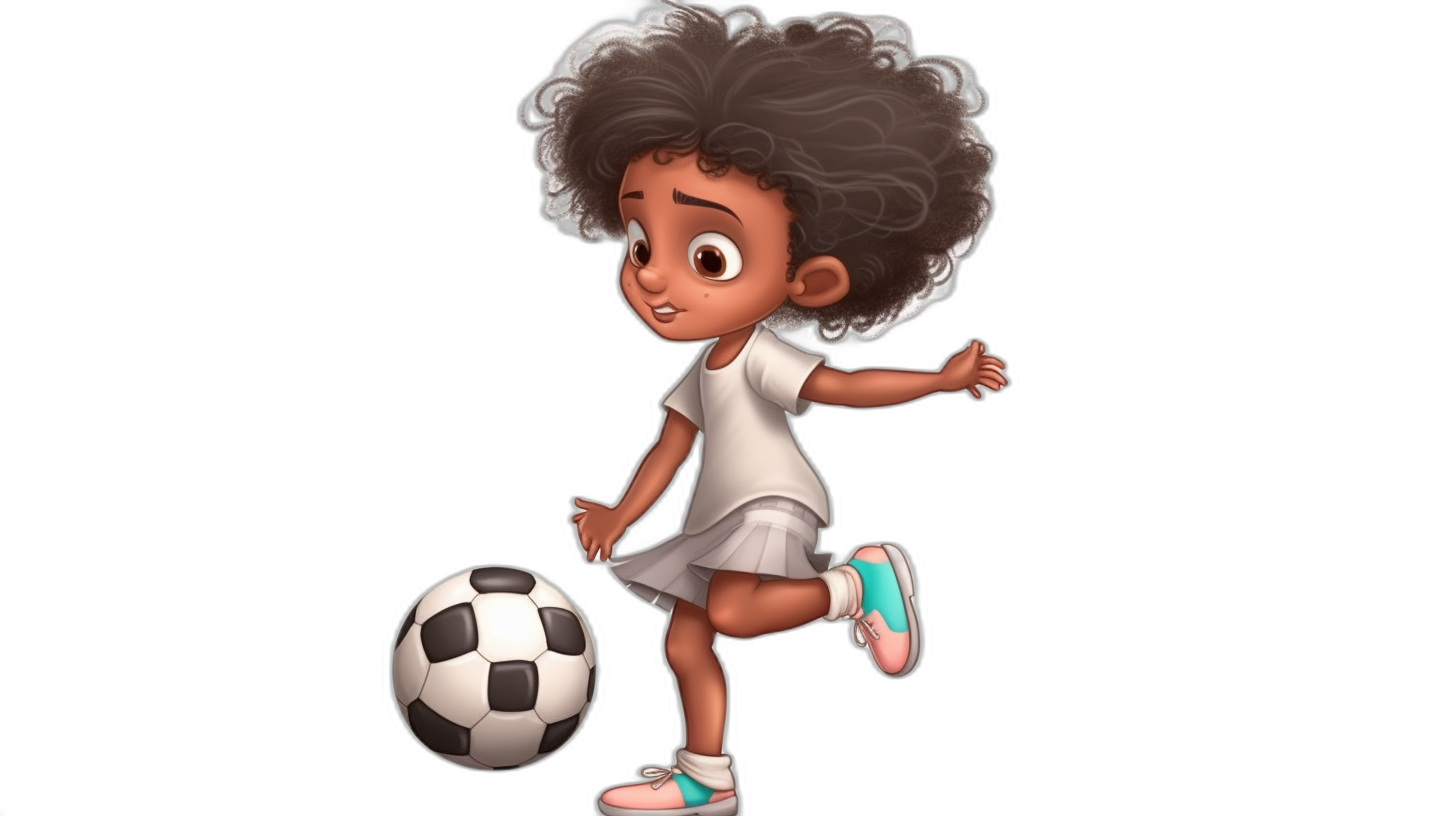 Cute little girl character playing soccer, with an afro hairstyle, wearing a white dress and shoes, in a cartoon style, against a black background, as a 3D rendering, in the style of Disney Pixar, character design sheet.