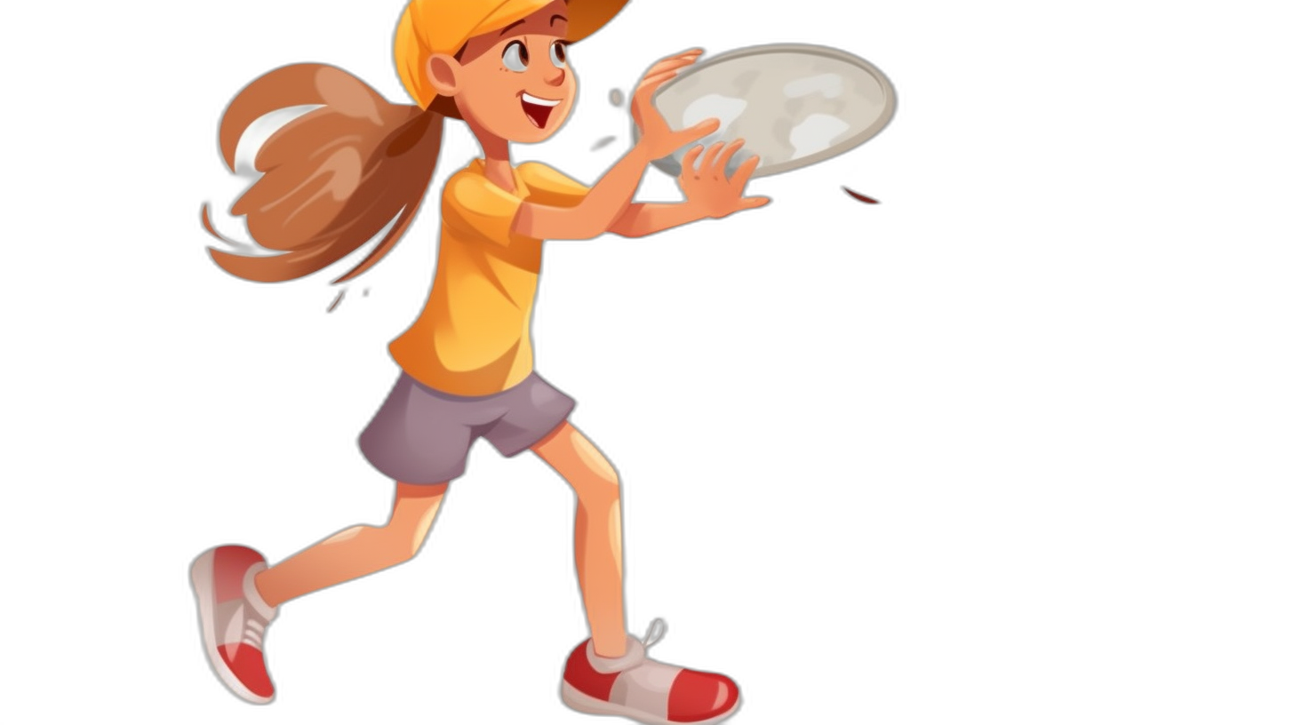 A happy young girl in a yellow shirt and grey shorts, with red shoes and ponytail hair wearing a baseball cap, is throwing a frisbee on a black background. This is a full body cartoon illustration in the style of Pixar.