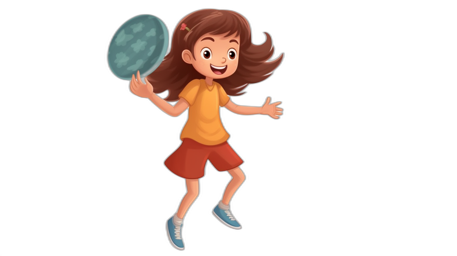 A cute girl is playing frisbee in a cartoon style vector illustration with a black background. She has brown hair and wears an orange shirt and red shorts with blue shoes. The character appears to be in the middle of throwing or catching a light green circular object that resembles a frisbee ball. Her expression on her face reflects joy as she plays sports outdoors. No text was added to the picture.