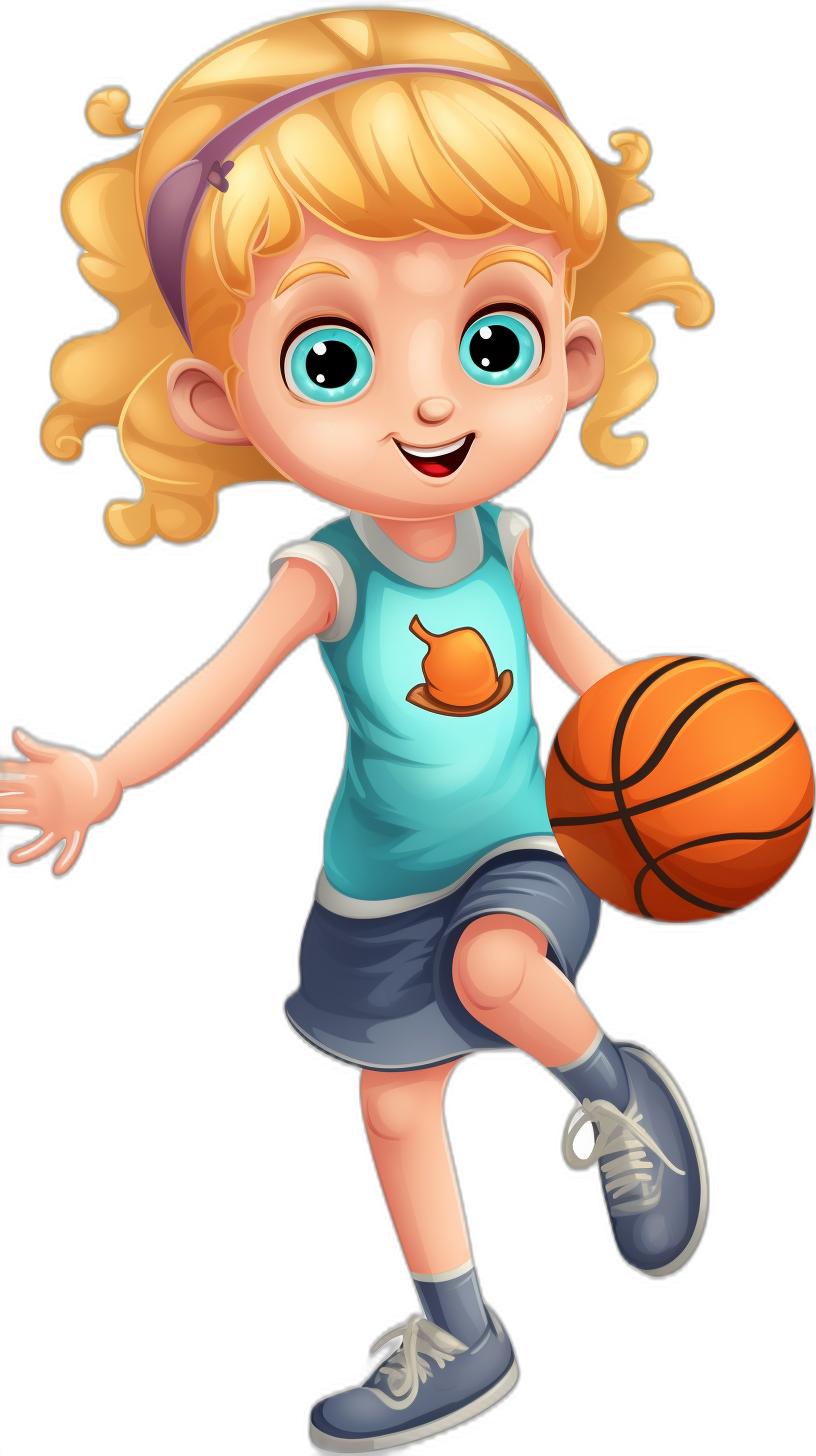 A cute cartoon girl playing basketball, with blonde hair and blue eyes, wearing a teal shirt with purple shorts and grey shoes isolated on a black background, in the style of Pixar.