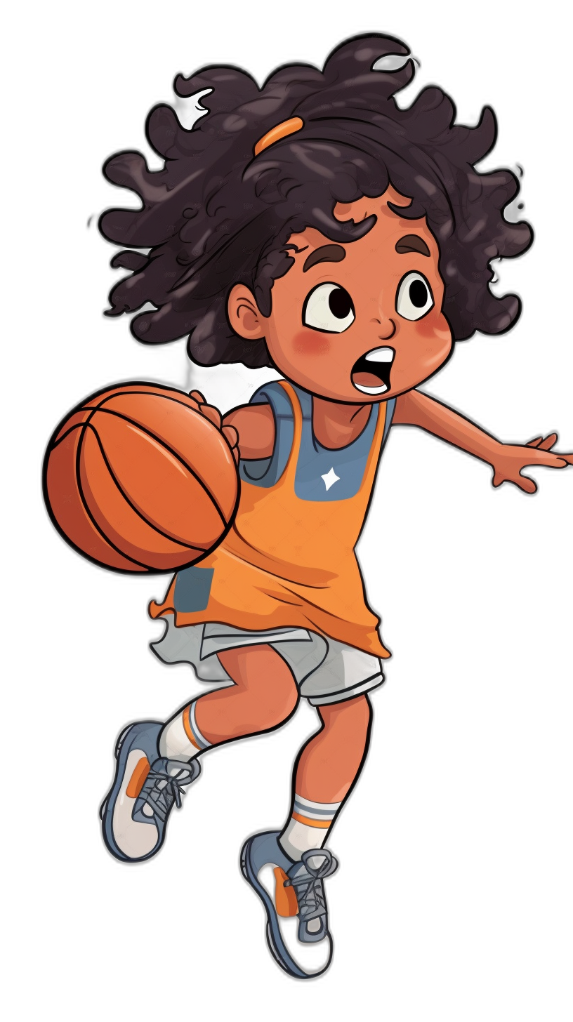 A cute little girl basketball player is playing basketball in a cartoon style with flat design and black background. She has curly hair and is wearing an orange tank top dress and white shorts underneath. The character features exaggerated facial expressions to convey emotions such as joy or anger. She holds the ball in her right hand while jumping towards the basket with both feet spread apart for perfect balance, in the style of a cartoon.