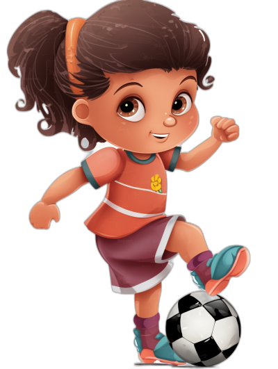 Cartoon of an Indian girl playing football, wearing a soccer outfit with an orange and maroon colored short skirt, brown hair in a ponytail style, big eyes, cute cartoon character design, full body shot, 2D game art, on a black background, in the style of Pixar and Disney animation studios.