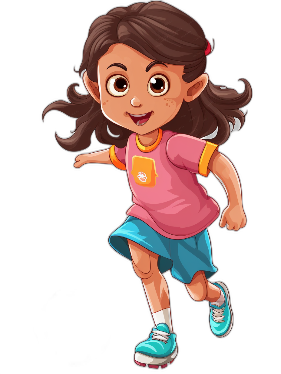 A cute girl running in the style of Dora The Decent cartoon clipart png with a black background and colorful full body profile showing a front view and side angle in high resolution vector format.