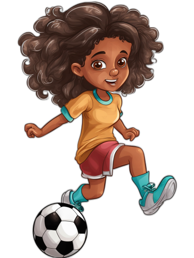 A cute cartoon girl with brown skin and curly hair playing soccer in the style of clip art, isolated on a black background, a flat illustration in the style of children's book illustration, a full body, simple.