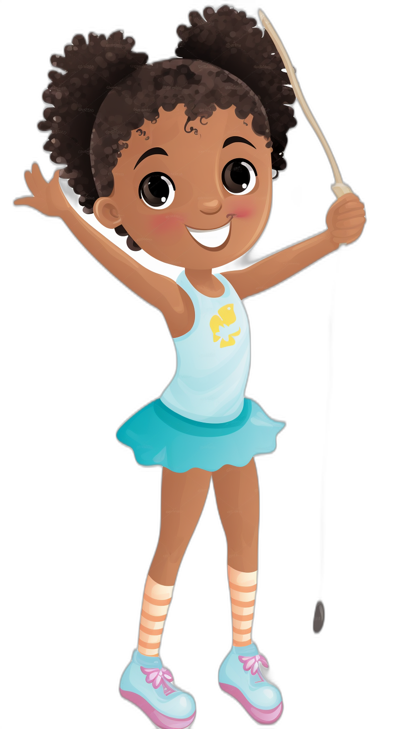 African American cartoon girl, wearing a blue and white short sleeve top with a yellow logo on it, light pink shorts, orange socks, black shoes, holding a stick in her hand dancing, smiling face, in the style of clipart style isolated against a solid pure black background, high resolution photo