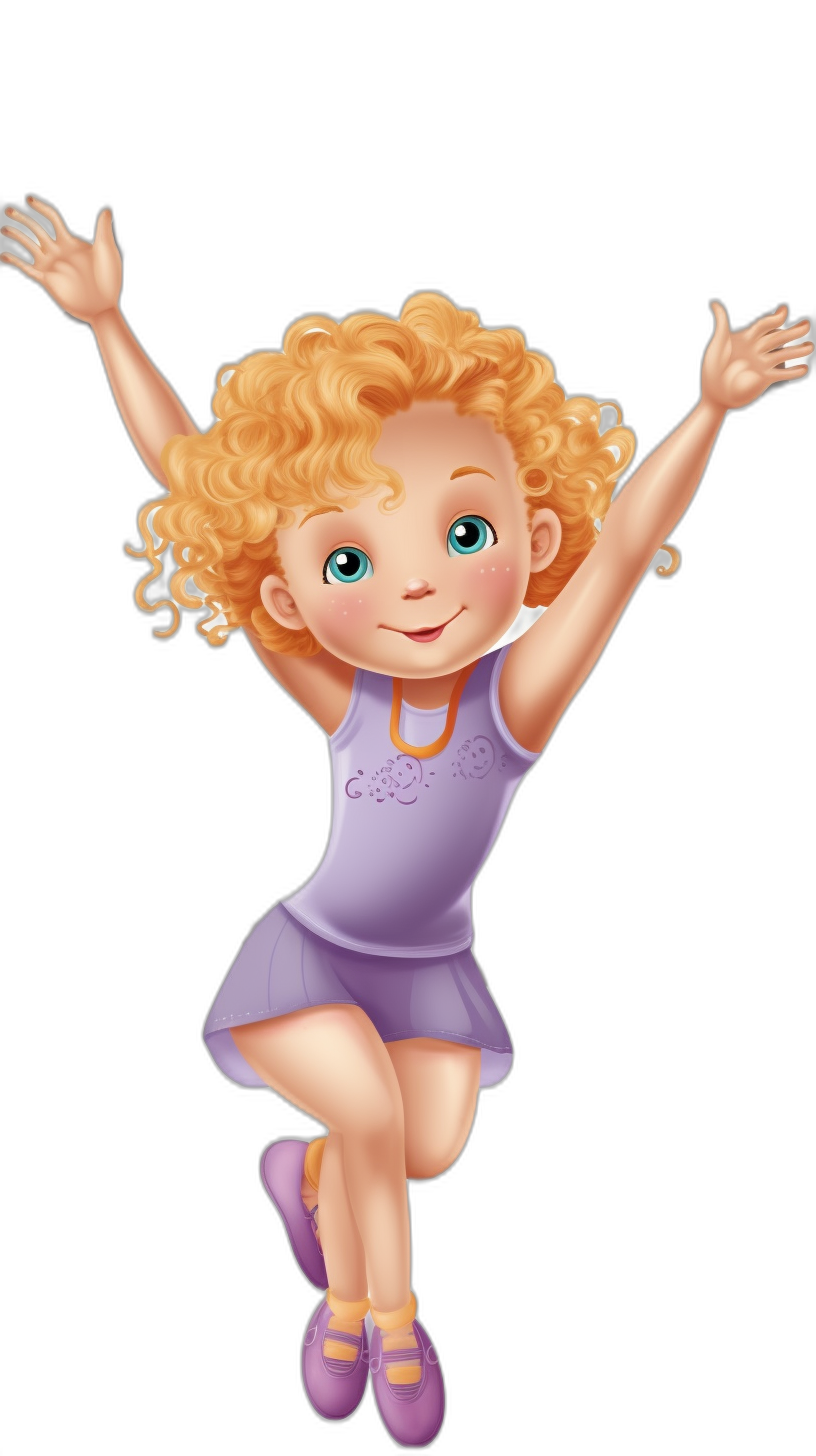 A cute cartoon of a blonde curly-haired little girl jumping in a purple dress against a black background, in the style of Disney cartoon character clip art.