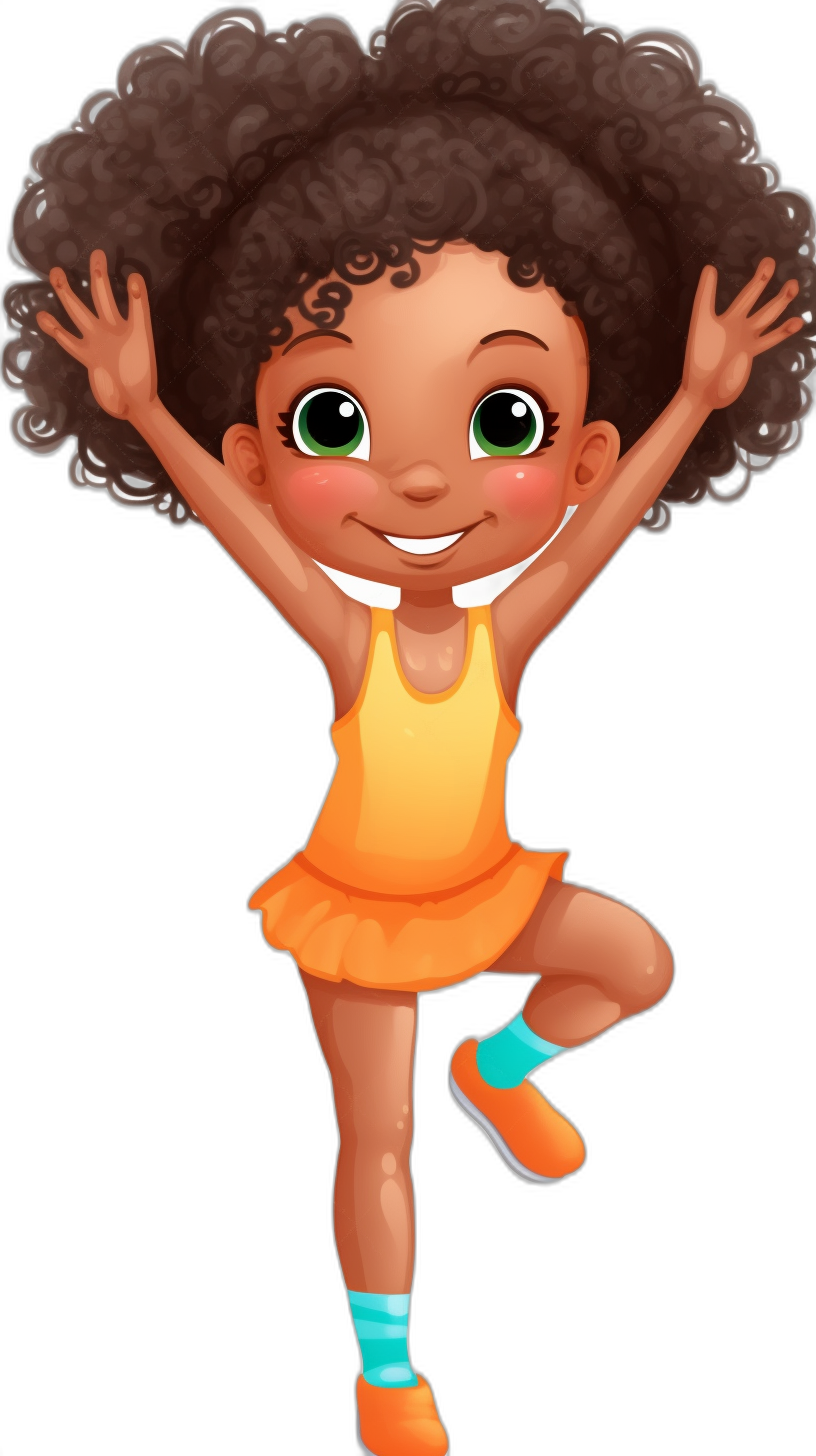 a cute little black girl with big green eyes and curly hair, wearing an orange dress and blue socks dancing on one leg in the air, clipart style isolated against pure black background, high quality vector art for sticker design, no shadow or gradient, high resolution