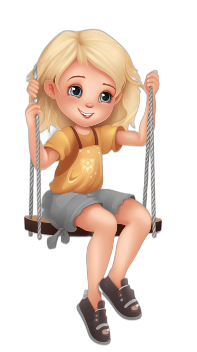 A cute little girl with blonde hair is sitting on the swing, wearing a short-sleeved shirt and shorts for her summer  against a black background. The art style is 2D with cartoon realism in the style of Disney animation, using simple strokes for character illustrations and character design. She has big eyes with high detail and high resolution.