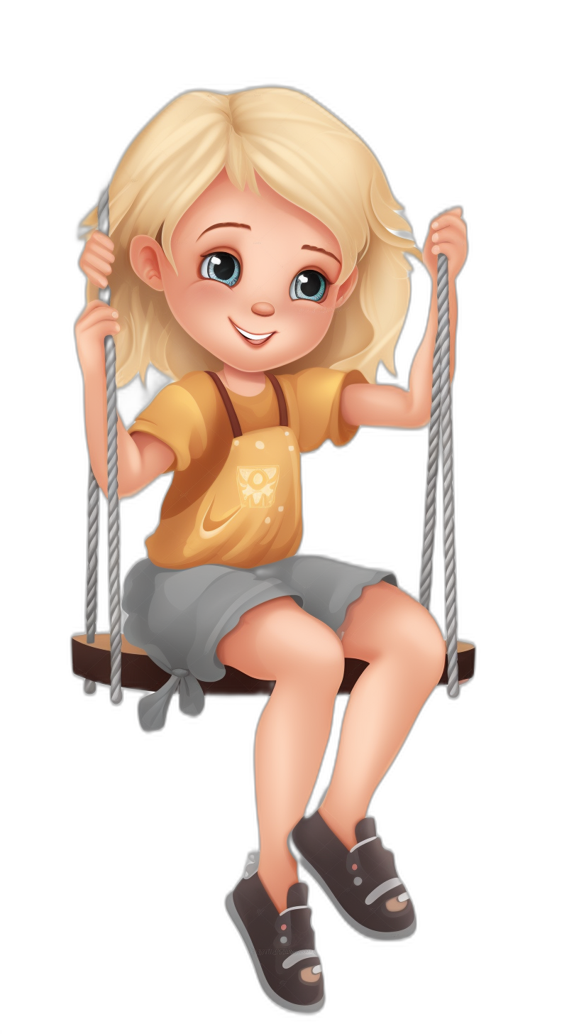 A cute little girl with blonde hair is sitting on the swing, wearing a short-sleeved shirt and shorts for her summer  against a black background. The art style is 2D with cartoon realism in the style of Disney animation, using simple strokes for character illustrations and character design. She has big eyes with high detail and high resolution.