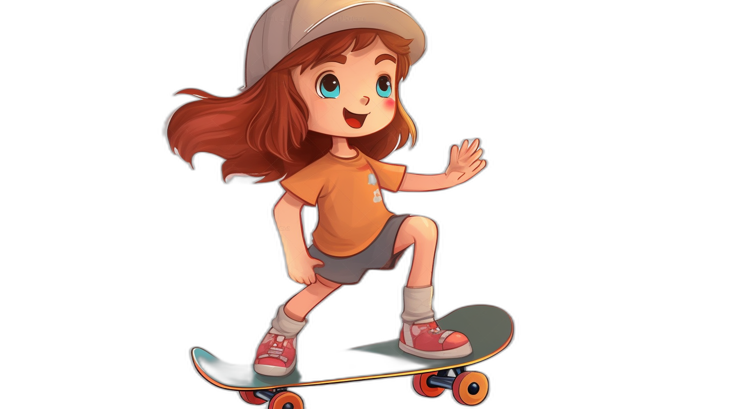 A cute girl with brown hair and blue eyes is riding on her skateboard, wearing an orange t-shirt, white cap hat, red sneakers. The art has a simple flat cartoon style on a black background with a 640×578 resolution. It has a vibrant comic book and storybook illustration style with cartoon characters.