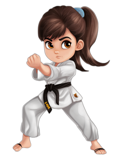 cartoon chibi style of an adult female with dark brown hair in pigtails, she has bangs and is wearing a white colored karate Gi with a black belt ready to fight, her eyes have yellow irises, full body shot on a solid background in the style of an adult female with dark brown hair in pigtails, she has bangs and is wearing white colored karate Gi with black belt ready to fight, her eyes have yellow irises, full body shot on a solid background