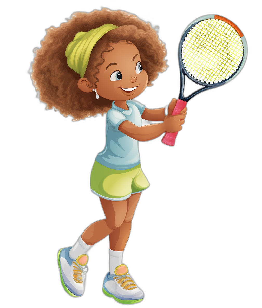 A cute African American girl playing tennis clip art, wearing white socks and blue shoes with yellow stripes, holding the racket in her right hand, afro hair style, cartoon character, clean black background, no shadow, high resolution.