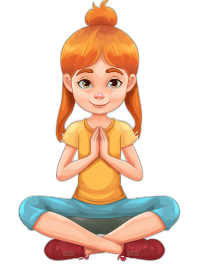 A cute little girl doing yoga, smiling and sitting cross-legged with her hands clasped together in the lotus position. The illustration is in the style of a flat design with a vector style. It depicts a cartoon character, a full body portrait of the girl with ginger hair. She is wearing blue capri pants and an orange t-shirt, along with red shoes. She has a happy expression and is depicted with bright, highly detailed colors against a solid black background.