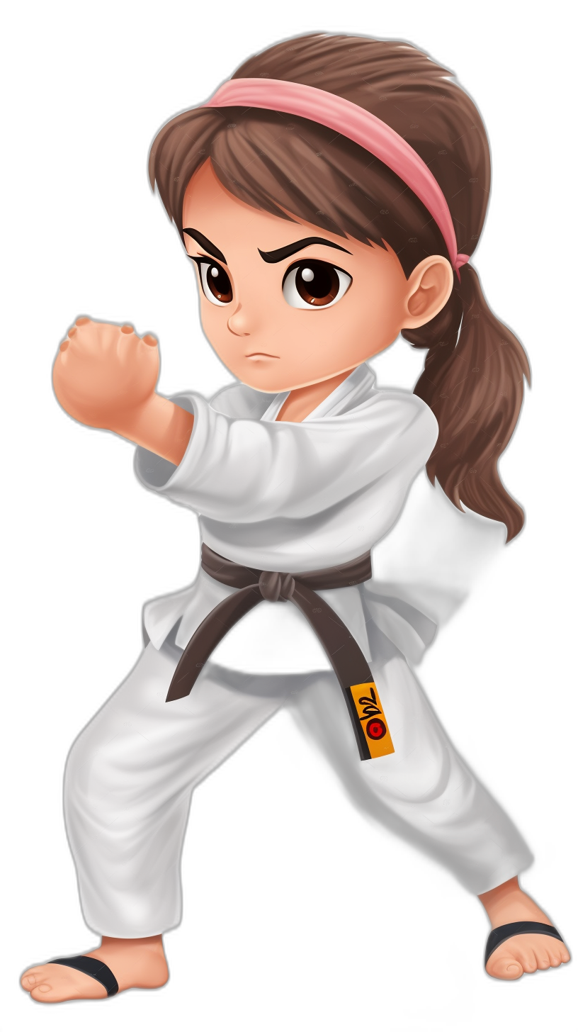 a chibi girl with brown hair in ponytail, wearing white karate outfit and black belt doing judo kick, cute cartoon style, black background, 2d game art