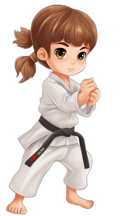 Chibi style chibi girl doing a karate kick pose with a white Japanese-style shirt and a black belt around her waist, brown hair in a ponytail bun, big eyes, full body shot, black background, in the style of an unnamed artist.